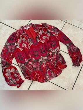 Maison d'Amélie Paris red, black, white floral paisley print long sleeve blouse